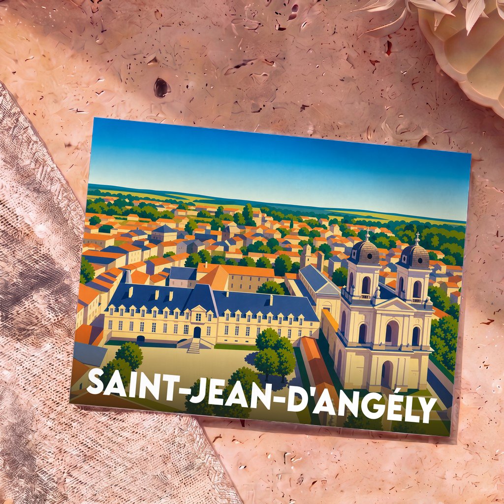 Carte postale souvenir de la ville de Saint-Jean-d'Angély avec une illustration stylisée de son abbaye et de ses toits.