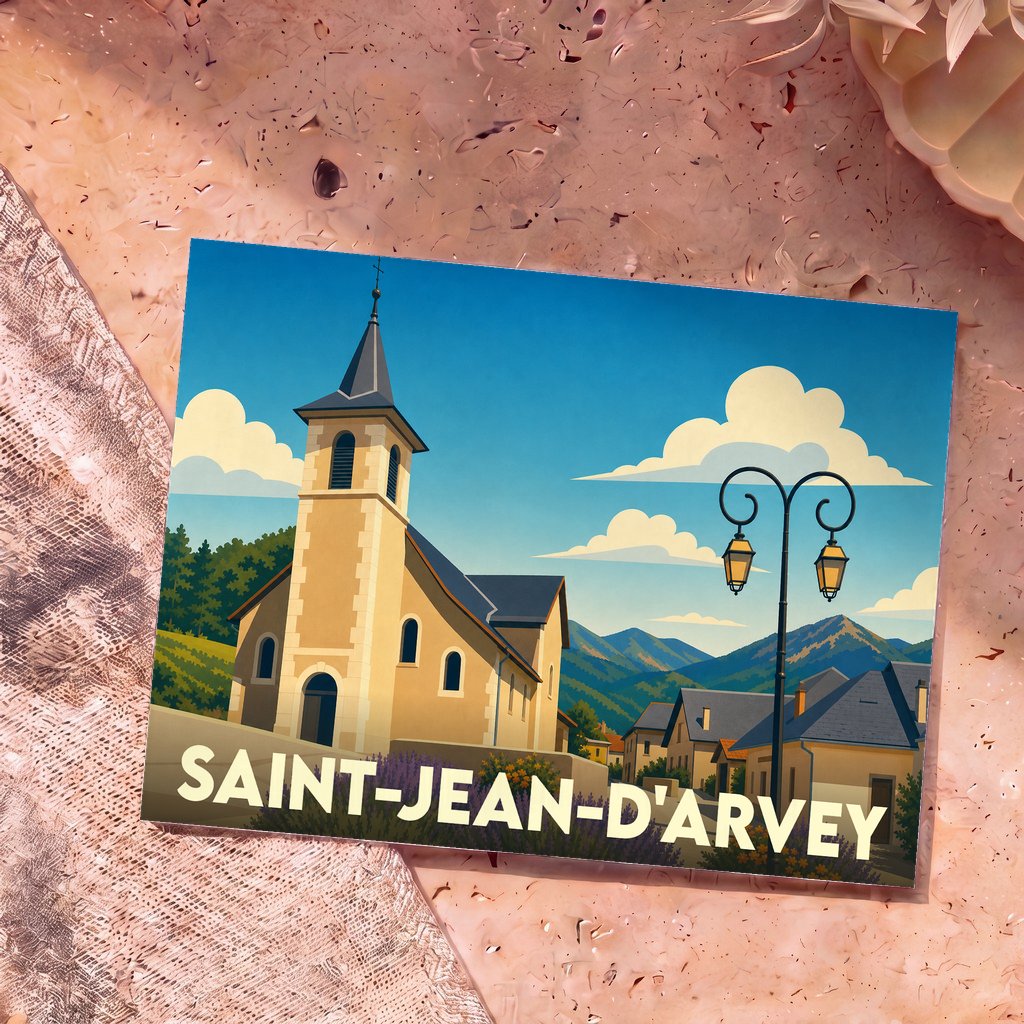 Carte postale souvenir de la ville de Saint-Jean-d'Arvey avec une illustration stylisée de son église devant un paysage montagneux.