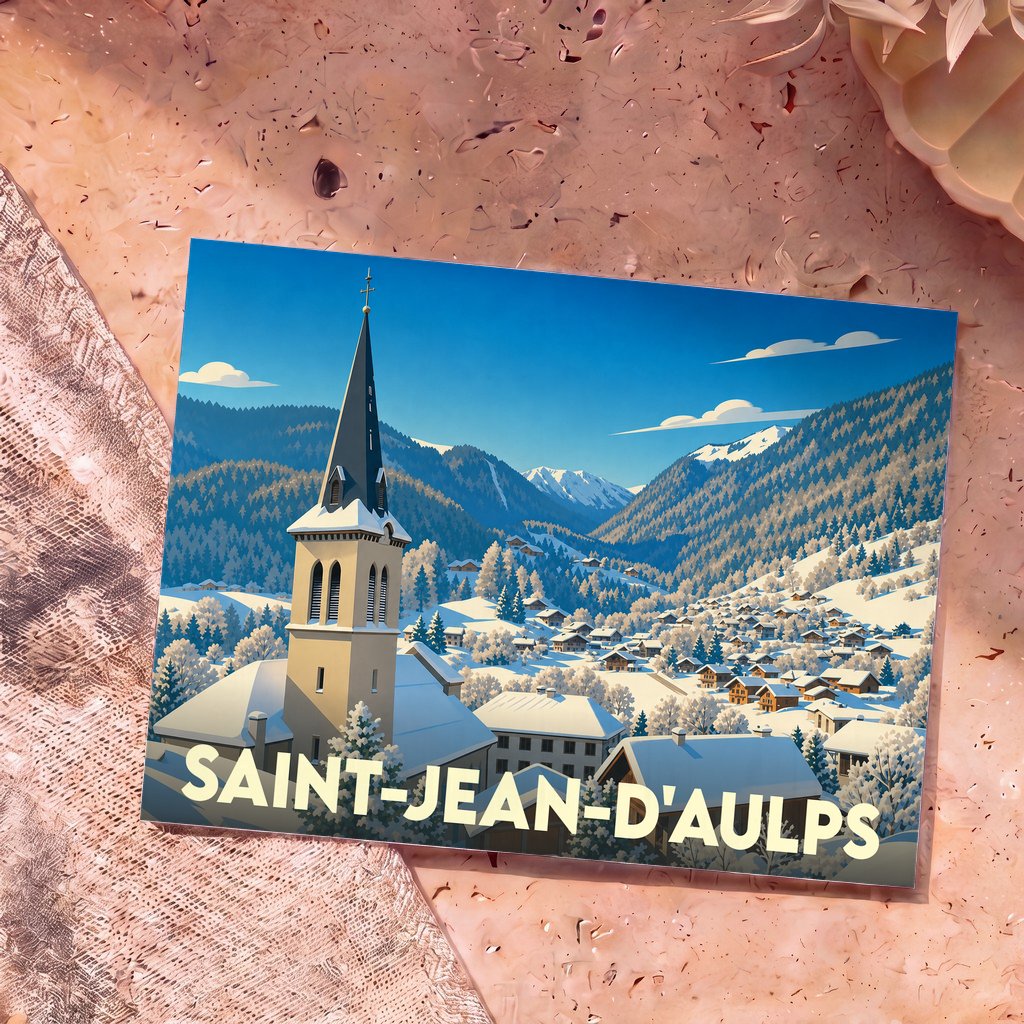 Carte postale souvenir de la ville de Saint-Jean-d'Aulps avec une illustration stylisée d'un village de montagne enneigé.