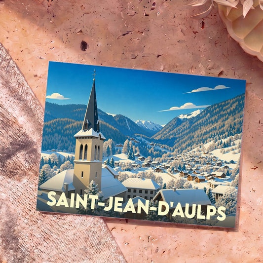 Carte postale souvenir de la ville de Saint-Jean-d'Aulps avec une illustration stylisée d'un village de montagne enneigé.