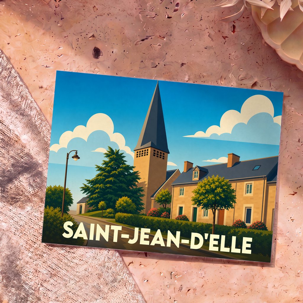 Carte postale souvenir de Saint-Jean-d'Elle illustrant le village avec une esthétique rétro et colorée.