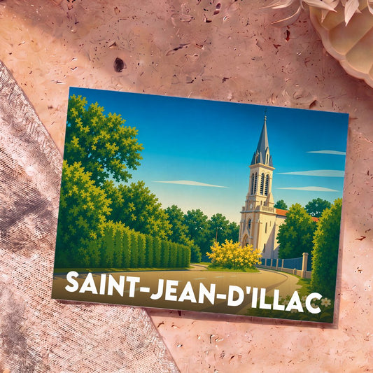 Carte postale souvenir de la ville de Saint-Jean-d'Illac avec une illustration stylisée de son église.