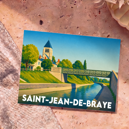 Carte postale souvenir de la ville de Saint-Jean-de-Braye avec une illustration stylisée d'un pont et d'une église au bord de l'eau.