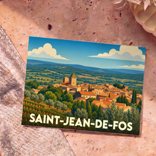 Carte postale souvenir de la ville de Saint-Jean-de-Fos avec une illustration stylisée d'un village occitan.