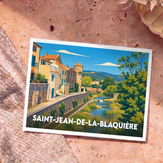 Carte postale souvenir de Saint-Jean-de-la-Blaquière avec une illustration colorée et stylisée représentant le village au bord de l'eau.