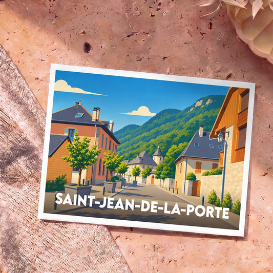 Carte postale souvenir de la ville de Saint-Jean-de-la-Porte avec une illustration stylisée d'une rue pittoresque en montagne.