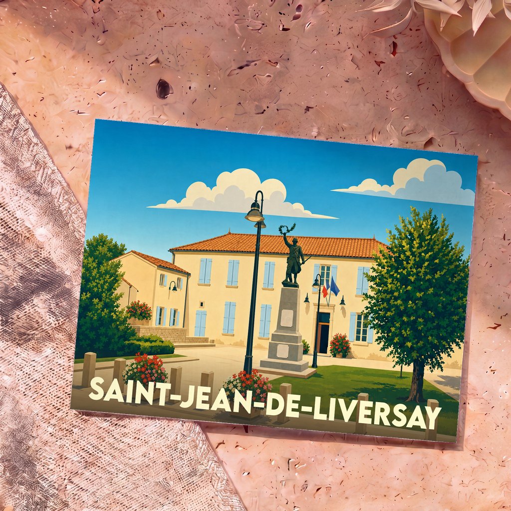 Carte postale souvenir de la ville de Saint-Jean-de-Liversay avec une illustration stylisée de sa mairie et de son monument aux morts.