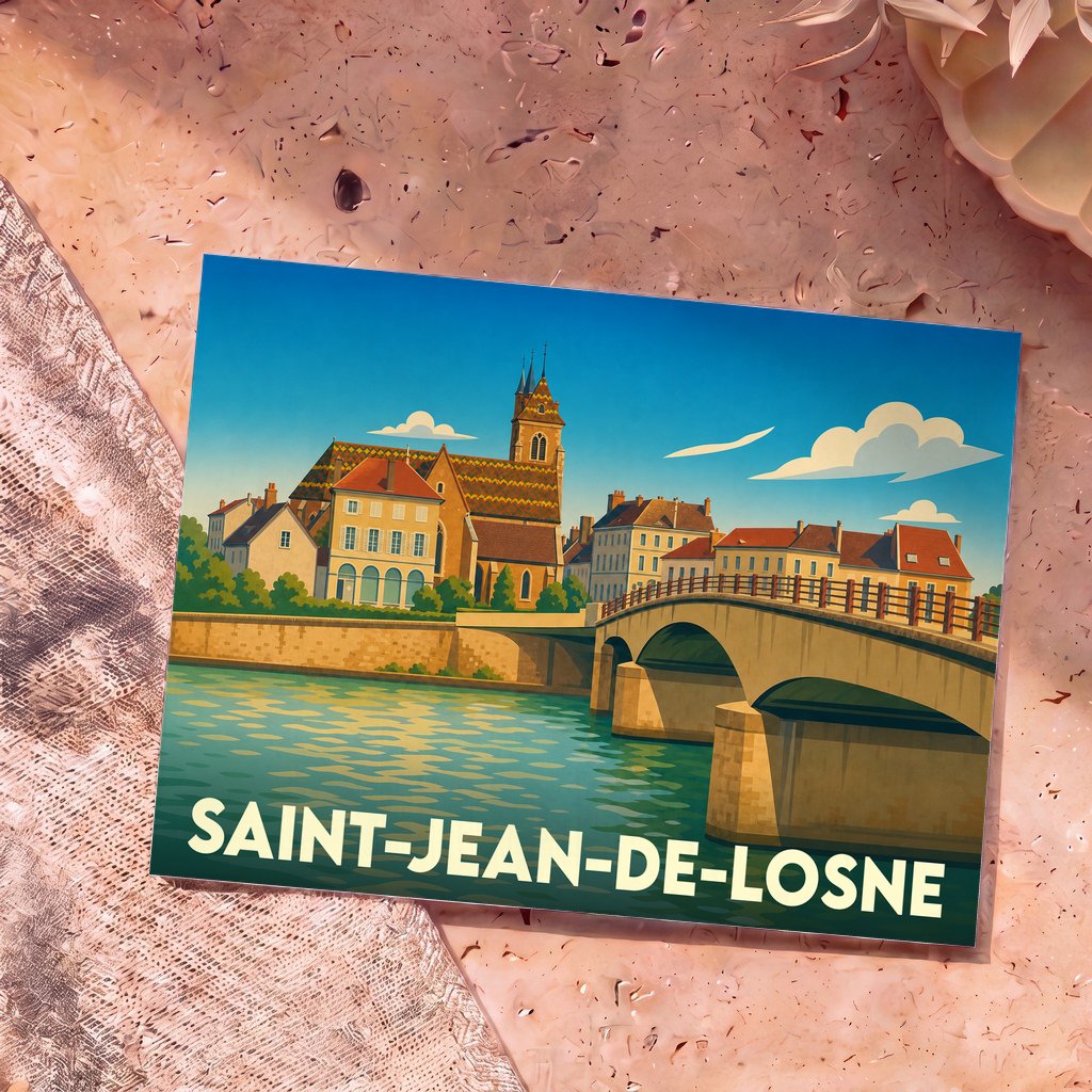 Carte postale souvenir de la ville de Saint-Jean-de-Losne illustrant son église et son pont sur la Saône dans un style graphique épuré.