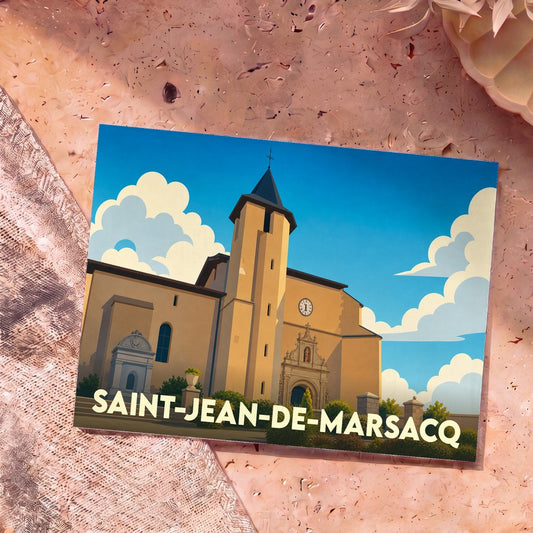 Carte postale souvenir de la ville de Saint-Jean-de-Marsacq avec une illustration stylisée de son église sous un ciel bleu nuageux.