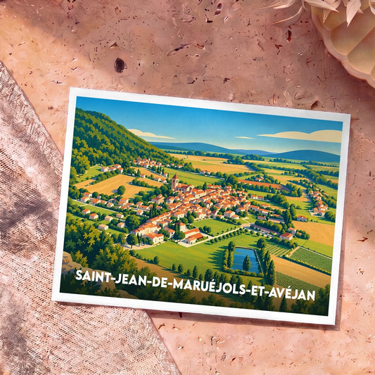Carte postale souvenir de la ville de Saint-Jean-de-Maruéjols-et-Avéjan avec une illustration stylisée d'un village provençal.