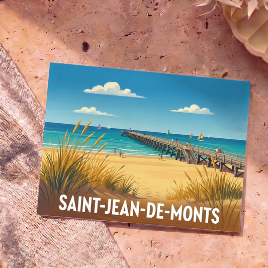 Carte postale souvenir de la ville de Saint-Jean-de-Monts avec une illustration stylisée de sa plage et de son estacade.
