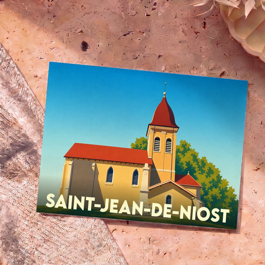 Carte postale souvenir de la ville de Saint-Jean-de-Niost avec une illustration stylisée de son église.