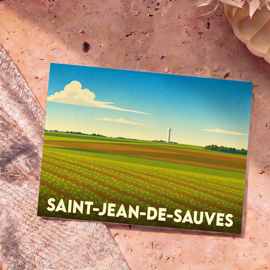 Carte postale souvenir de la ville de Saint-Jean-de-Sauves illustrant un paysage rural stylisé.