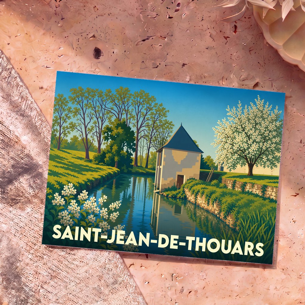 Carte postale souvenir de la ville de Saint-Jean-de-Thouars avec une illustration stylisée d'un moulin au bord de l'eau.
