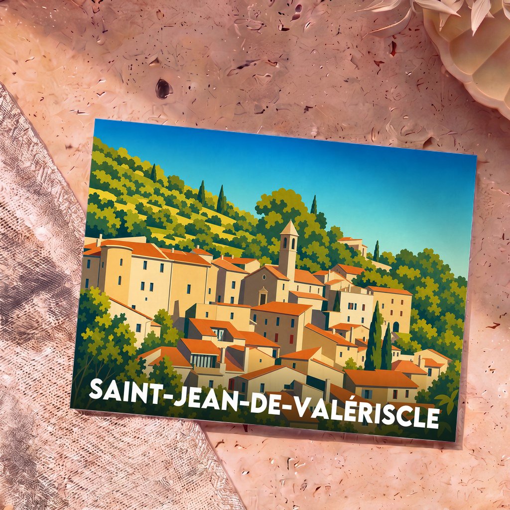 Carte postale souvenir de Saint-Jean-de-Valériscle avec une illustration stylisée du village à flanc de colline.