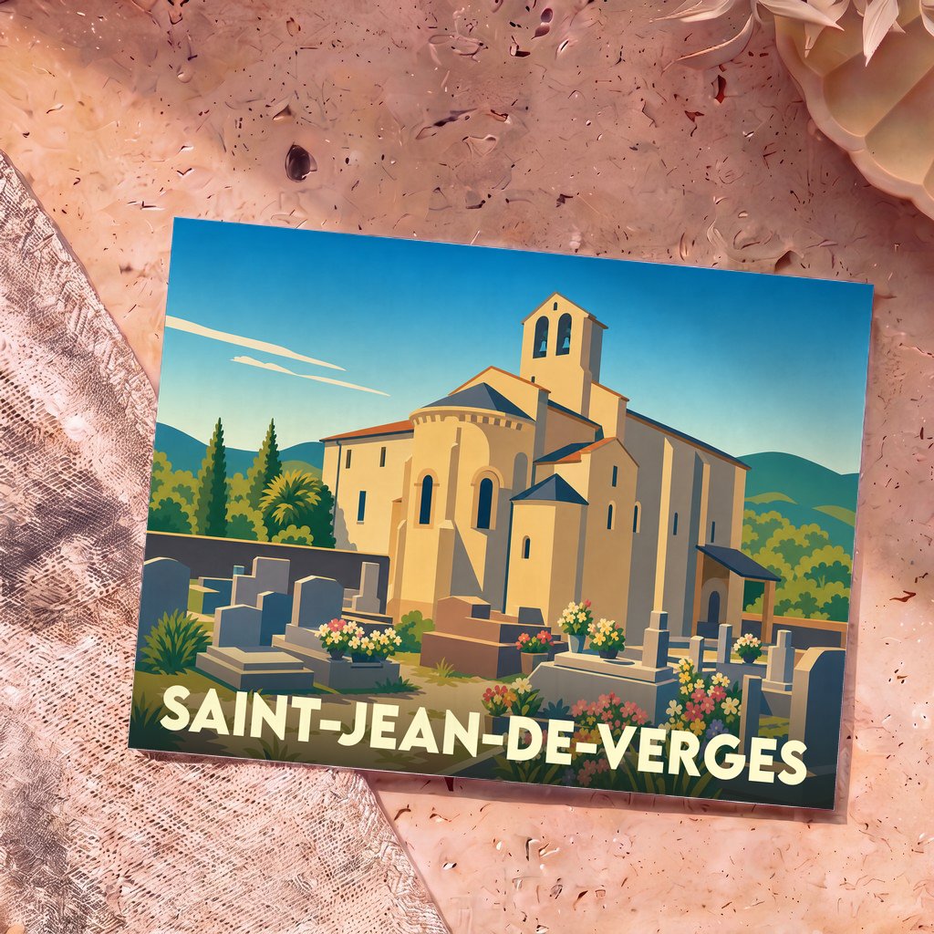 Carte postale souvenir de la ville de Saint-Jean-de-Verges avec une illustration stylisée de son église et de son cimetière.