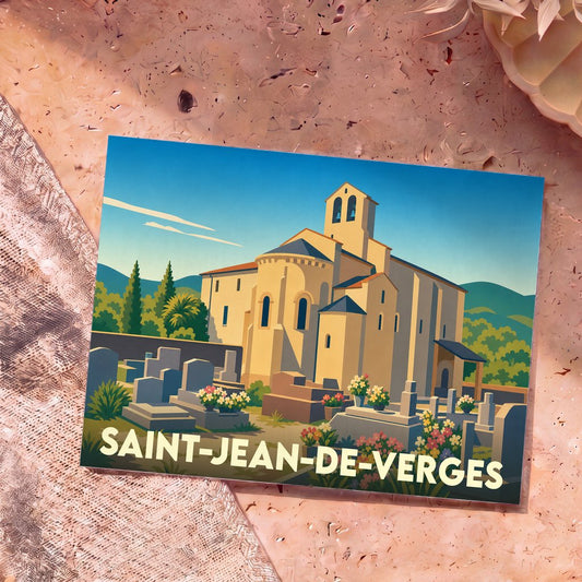 Carte postale souvenir de la ville de Saint-Jean-de-Verges avec une illustration stylisée de son église et de son cimetière.
