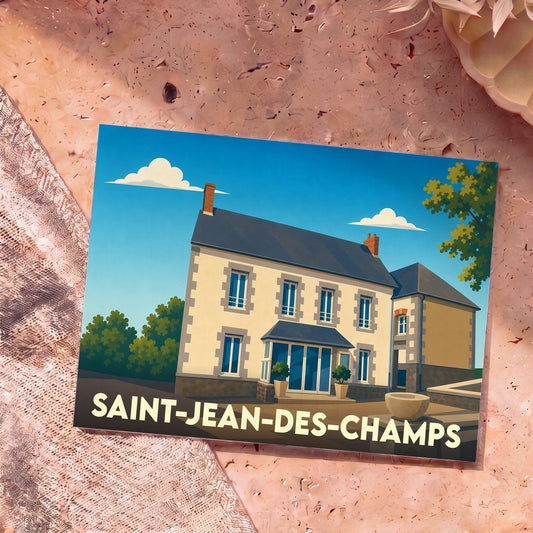 Carte postale souvenir de la commune de Saint-Jean-des-Champs avec une illustration stylisée d'une maison de caractère.