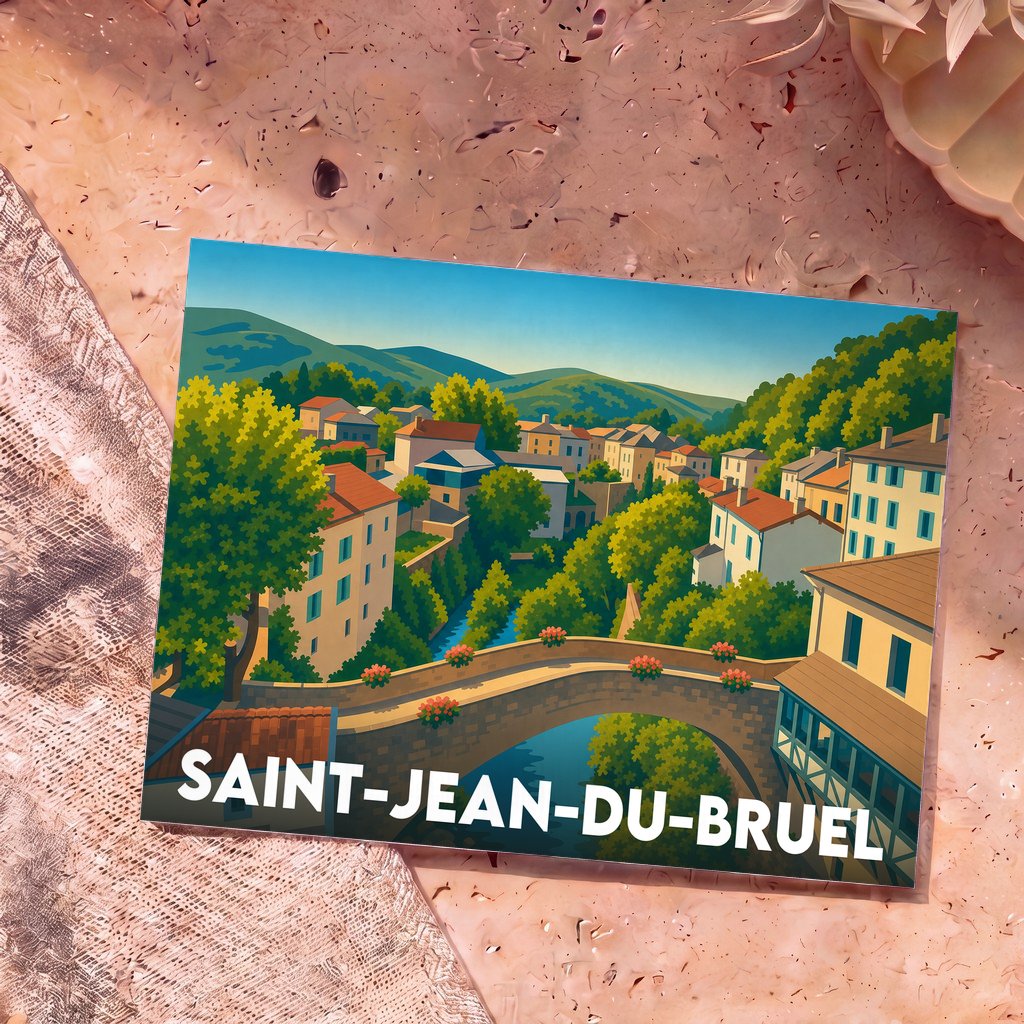 Carte postale souvenir de la ville de Saint-Jean-du-Bruel avec une illustration stylisée.