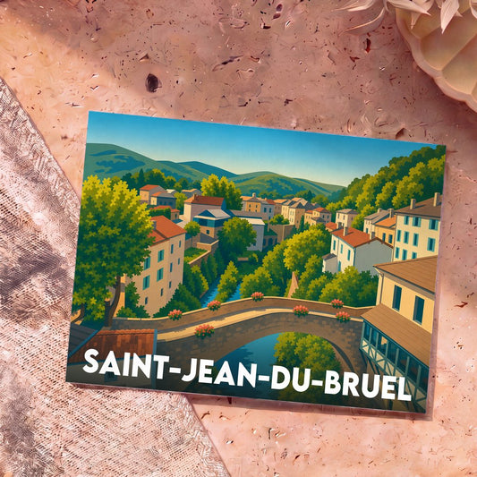 Carte postale souvenir de la ville de Saint-Jean-du-Bruel avec une illustration stylisée.