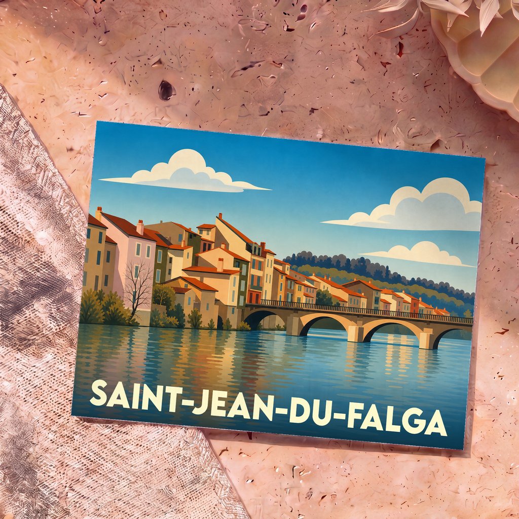 Carte postale souvenir de la ville de Saint-Jean-du-Falga avec une illustration stylisée d'un pont et de maisons au bord de l'eau.