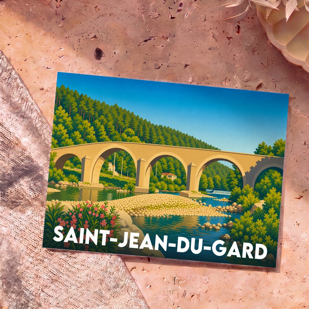Carte postale souvenir de la ville de Saint-Jean-du-Gard illustrée d'un pont à arches au-dessus d'une rivière.