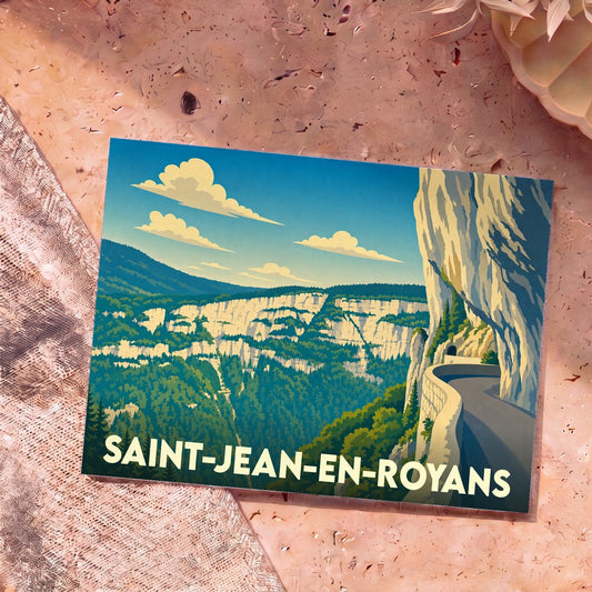 Carte postale souvenir de la ville de Saint-Jean-en-Royans avec une illustration stylisée des falaises du Vercors et de la route de Combe Laval.