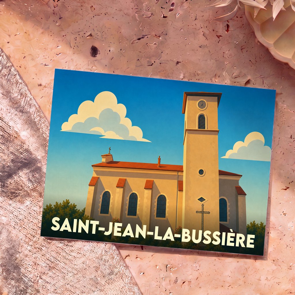 Carte postale souvenir de la ville de Saint-Jean-la-Bussière avec une illustration stylisée de son église.