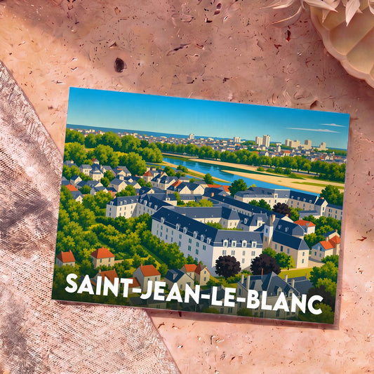 Carte postale souvenir de la ville de Saint-Jean-le-Blanc avec une illustration stylisée vue du ciel.