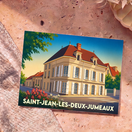 Carte postale souvenir de la ville de Saint-Jean-les-Deux-Jumeaux avec une illustration stylisée d'un bâtiment traditionnel.