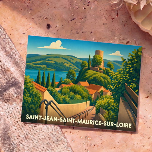Carte postale souvenir de Saint-Jean-Saint-Maurice-sur-Loire avec une illustration stylisée du village surplombant le fleuve.