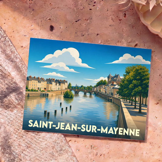 Carte postale souvenir de Saint-Jean-sur-Mayenne avec une illustration stylisée d'un pont en pierre traversant la rivière au cœur de la ville.