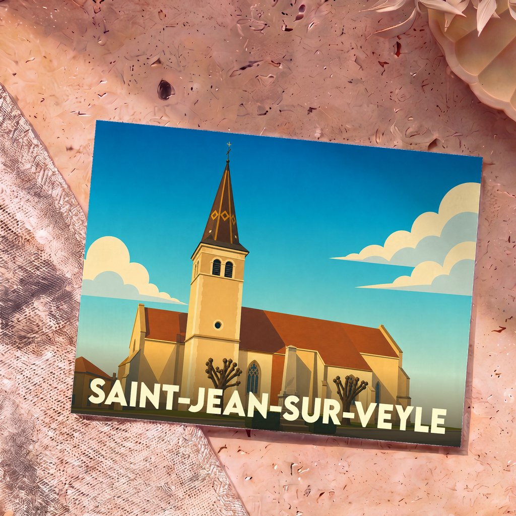Carte postale souvenir de la ville de Saint-Jean-sur-Veyle avec une illustration stylisée de son église.