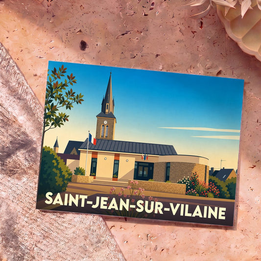 Carte postale souvenir de la ville de Saint-Jean-sur-Vilaine avec une illustration stylisée de son église et de sa mairie.