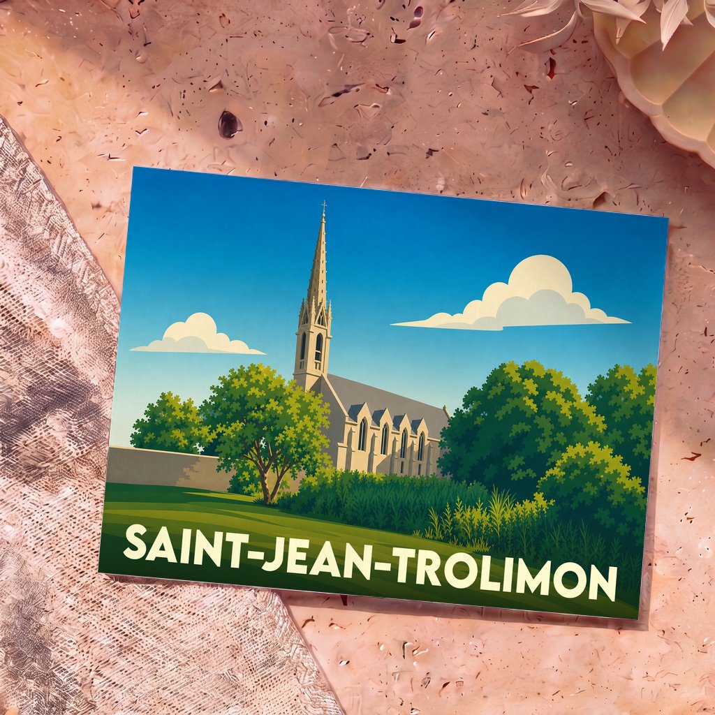 Carte postale souvenir de Saint-Jean-Trolimon illustrant son église dans un style graphique épuré.