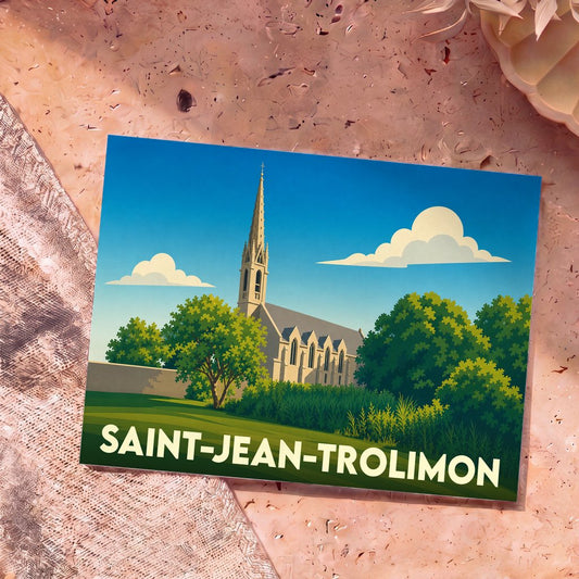 Carte postale souvenir de Saint-Jean-Trolimon illustrant son église dans un style graphique épuré.