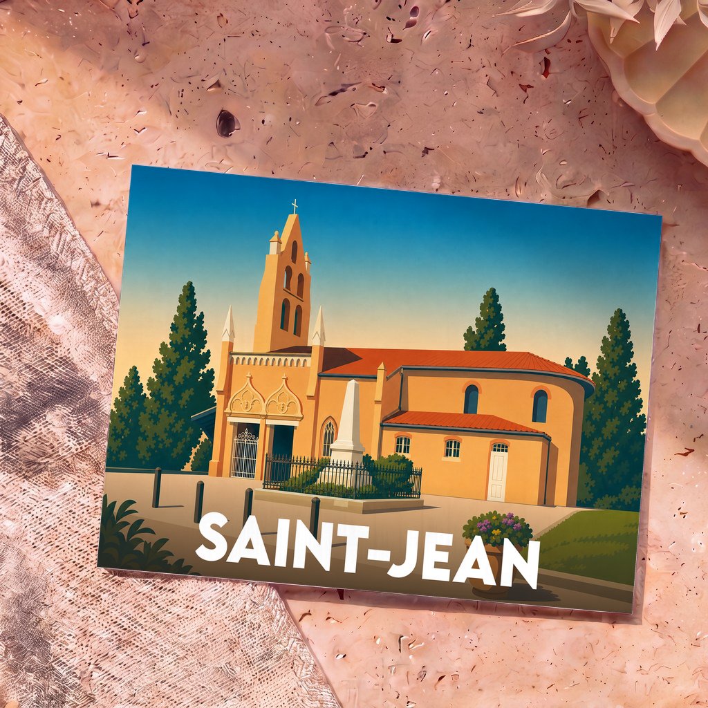 Carte postale souvenir de la ville de Saint-Jean illustrant une église de style provençal.