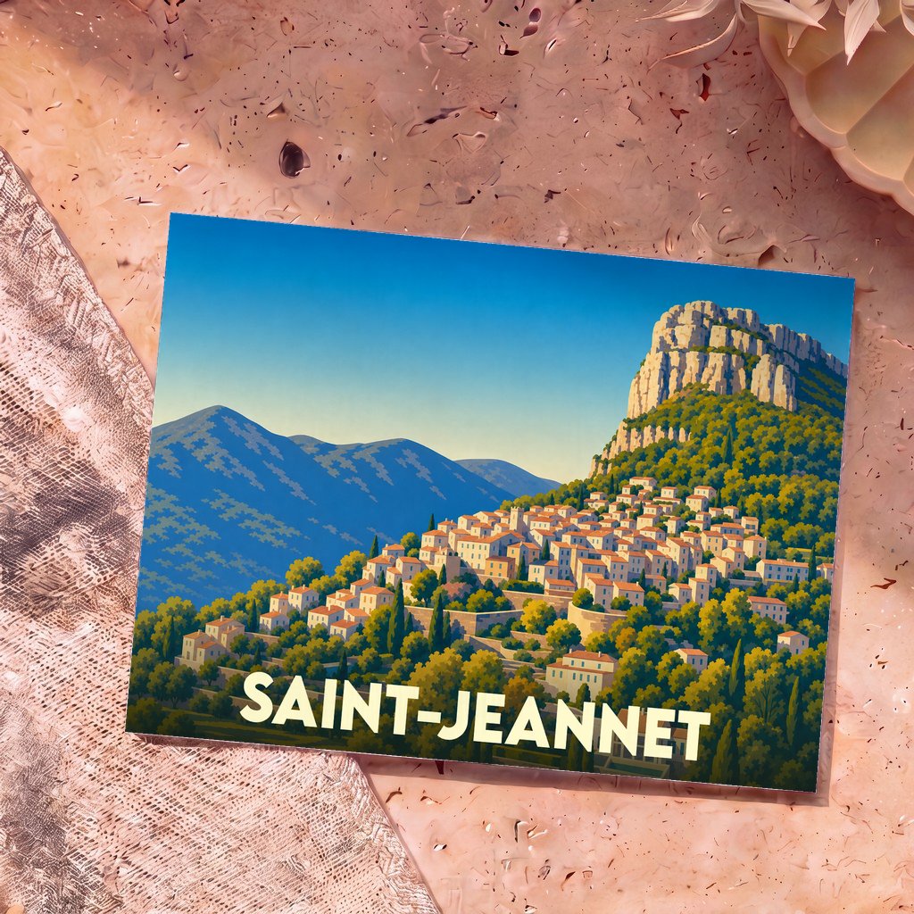 Carte postale souvenir de la ville de Saint-Jeannet avec une illustration stylisée de son célèbre Baou dominant le village.