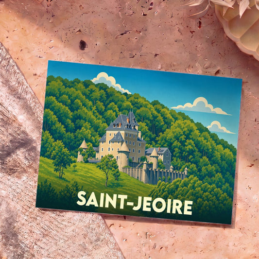Carte postale souvenir de Saint-Jeoire illustrée par un château niché dans une forêt verdoyante.