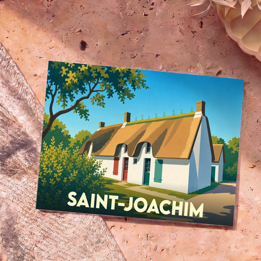 Carte postale souvenir de la ville de Saint-Joachim avec une illustration stylisée d'une chaumière traditionnelle.