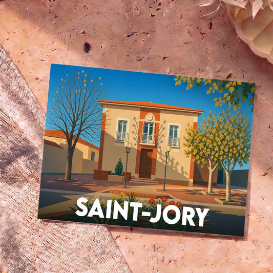 Carte postale souvenir de la ville de Saint-Jory avec une illustration stylisée de sa mairie.