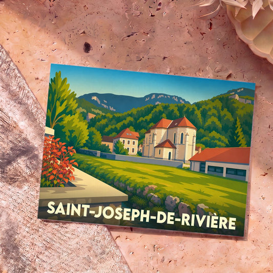 Carte postale souvenir de la ville de Saint-Joseph-de-Rivière avec une illustration stylisée de son église et des montagnes environnantes.