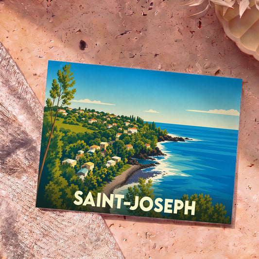 Carte postale souvenir de la ville de Saint-Joseph avec une illustration stylisée de son littoral escarpé.