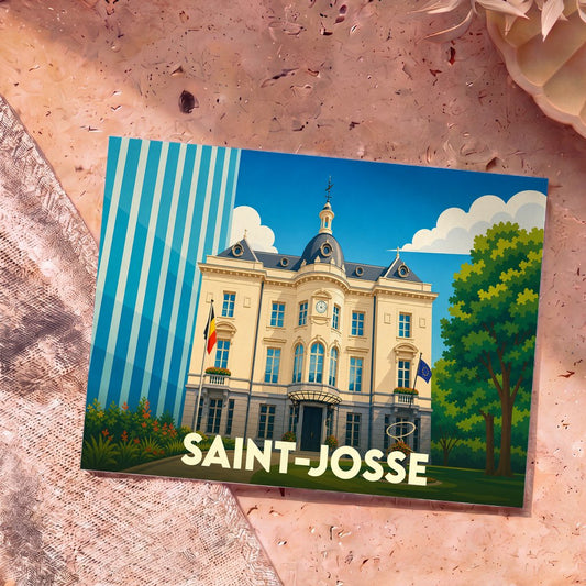 Carte postale souvenir de la ville de Saint-Josse avec une illustration stylisée de son hôtel de ville.