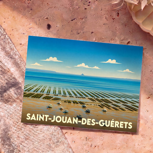 Carte postale souvenir de Saint-Jouan-des-Guérets illustrant des parcs à huîtres sur la côte bretonne dans un style épuré.