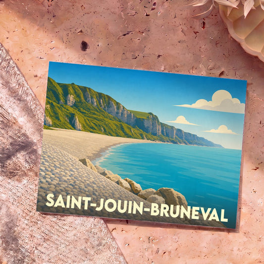 Carte postale souvenir de la ville de Saint-Jouin-Bruneval avec une illustration stylisée de sa plage de galets et de ses falaises.