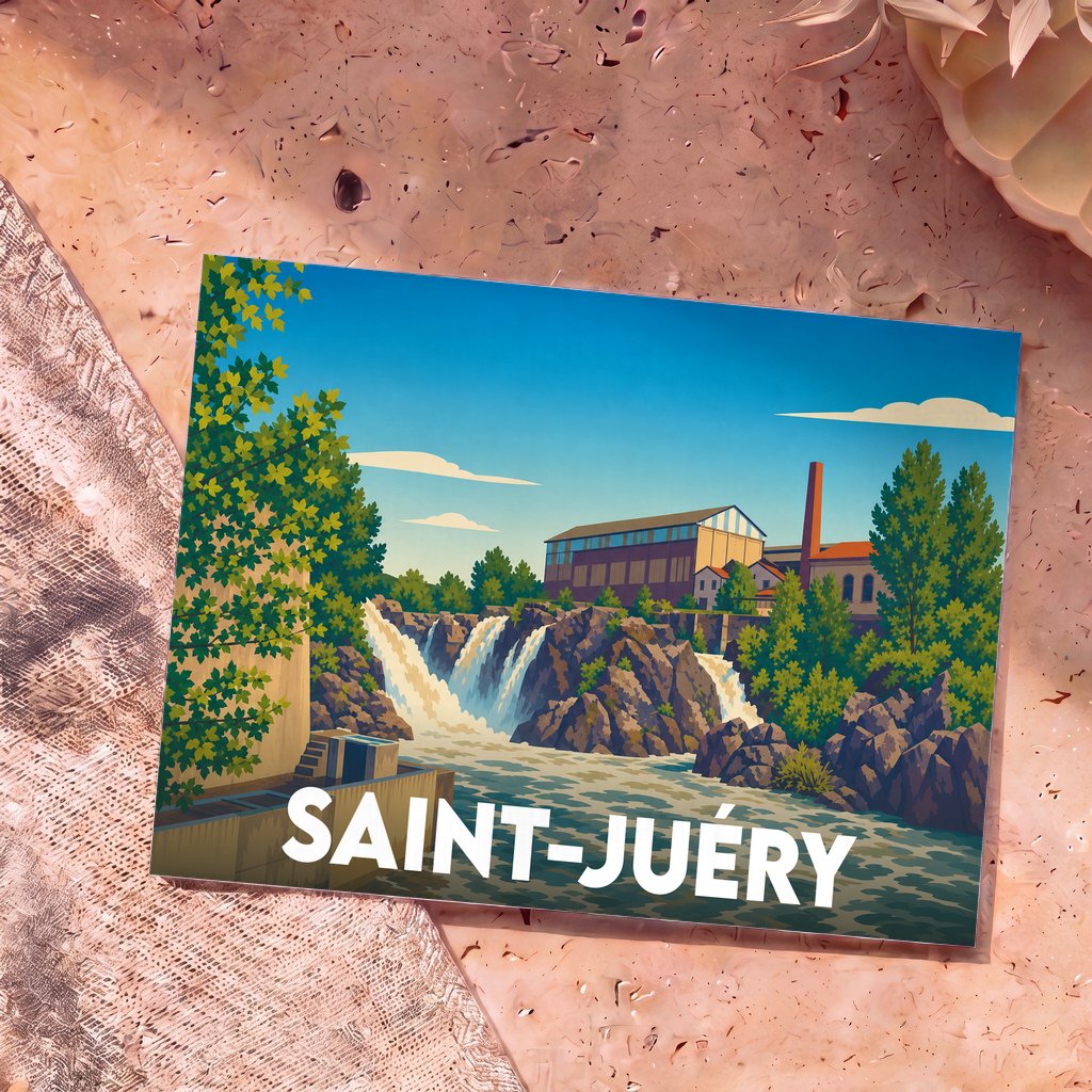 Carte postale souvenir de la ville de Saint-Juéry avec une illustration stylisée de sa cascade et de son patrimoine industriel.