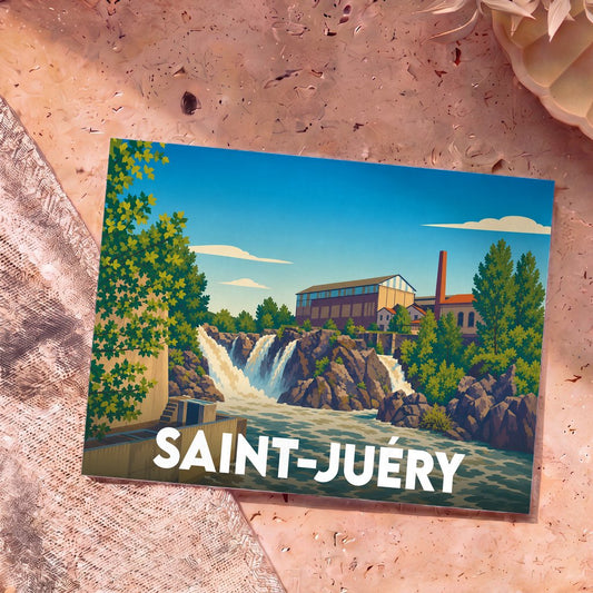 Carte postale souvenir de la ville de Saint-Juéry avec une illustration stylisée de sa cascade et de son patrimoine industriel.