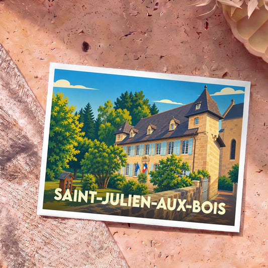 Carte postale souvenir de la ville de Saint-Julien-aux-Bois avec une illustration stylisée d'un bâtiment historique.