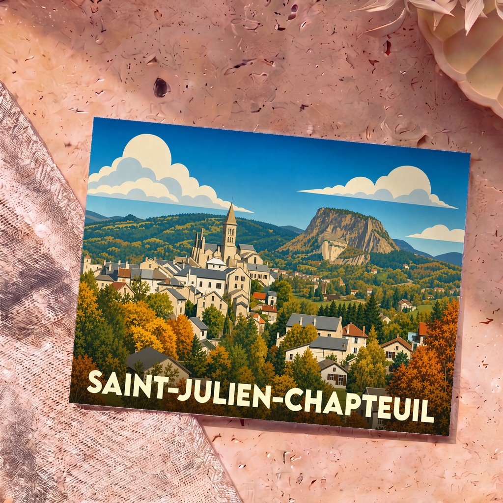 Carte postale souvenir de la ville de Saint-Julien-Chapteuil avec une illustration stylisée de son paysage vallonné.